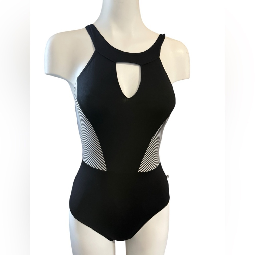 Aquarose Black One-Piece Swimsuit with Keyhole Front, flattering fur, Sz XS